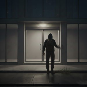 Un ladrón ingresando a un edificio: El riesgo de la llave física: Vulnerabilidad total, Costos elevados, Falta de registro, Llaves Duplicadas e Incomodidad